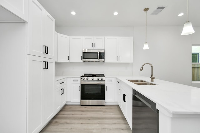 kitchen featuring decorative light fixtures, sink, white cabinetry, and stainless steel appliances