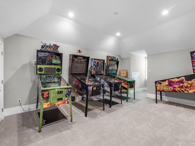 recreation room featuring carpet and lofted ceiling