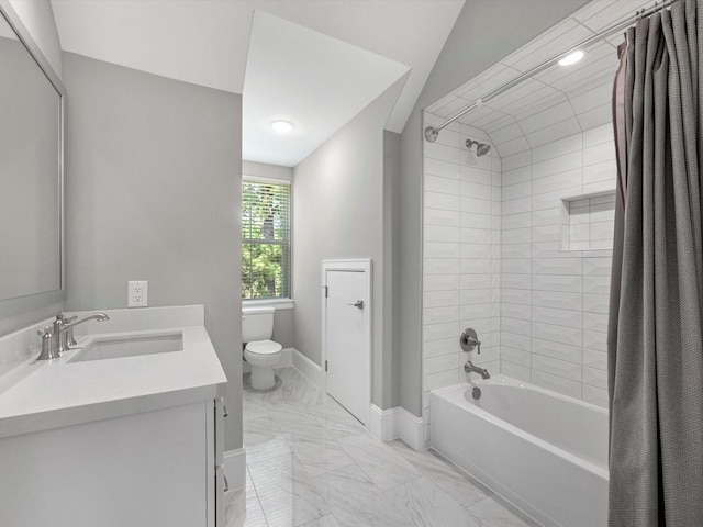 full bathroom with vanity, toilet, shower / tub combo, and vaulted ceiling