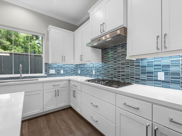 kitchen with stainless steel gas stovetop, decorative backsplash, white cabinetry, and sink