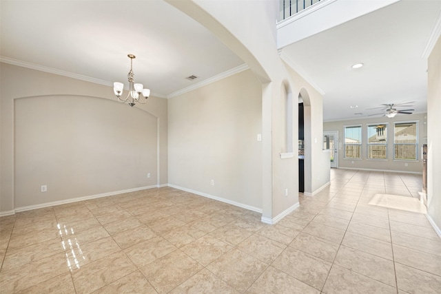 spare room with light tile patterned floors, baseboards, arched walkways, ornamental molding, and ceiling fan with notable chandelier