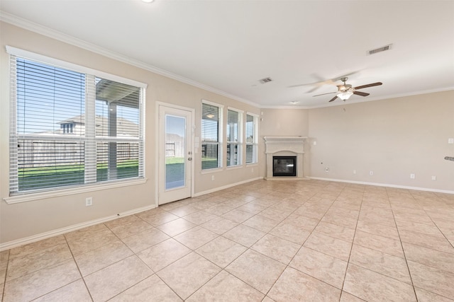 unfurnished living room featuring ceiling fan, light tile patterned floors, and crown molding