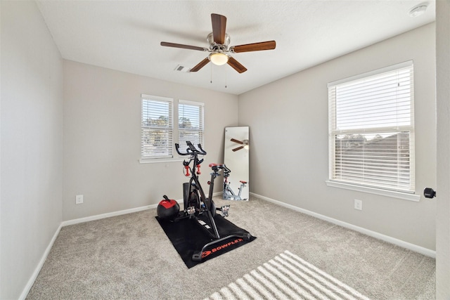 workout area featuring light colored carpet