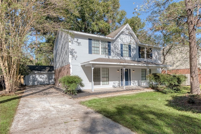 view of front of house featuring a garage, covered porch, an outdoor structure, and a front yard