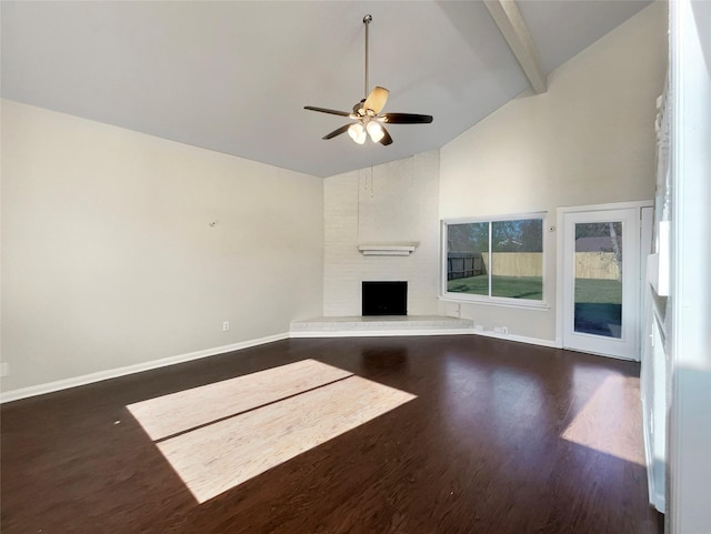 unfurnished living room featuring dark hardwood / wood-style flooring, ceiling fan, beam ceiling, high vaulted ceiling, and a fireplace