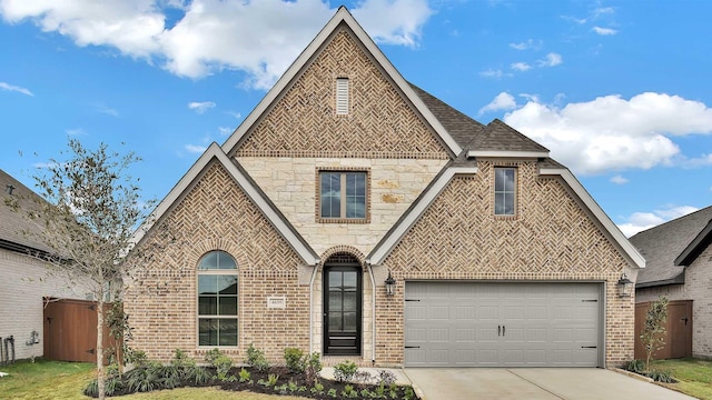 view of front facade with driveway, stone siding, a garage, and brick siding