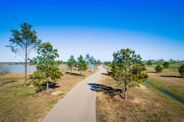 view of road with a water view