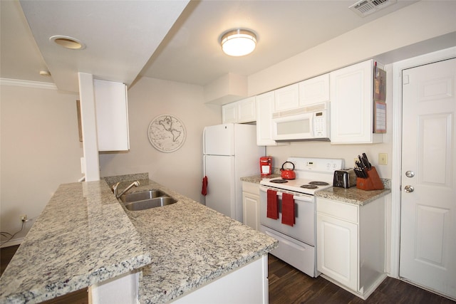 kitchen featuring kitchen peninsula, white appliances, sink, white cabinets, and dark hardwood / wood-style floors