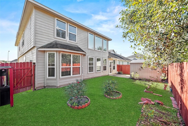 back of property with a shed and a lawn