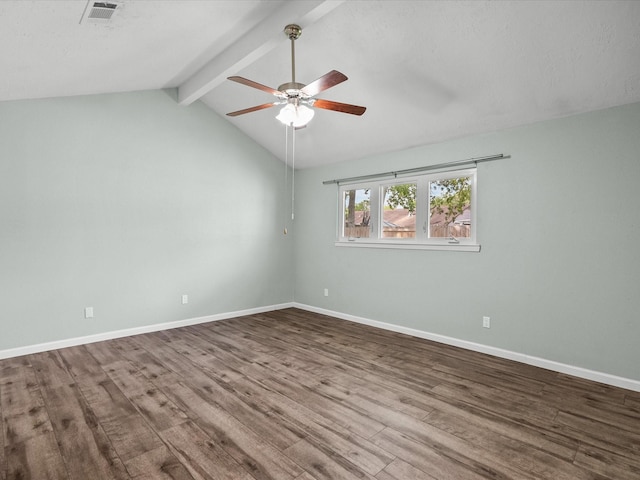 empty room with hardwood / wood-style floors, lofted ceiling with beams, and ceiling fan