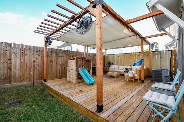 deck with an outdoor living space, a pergola, and central AC