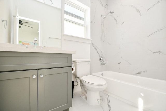 full bathroom featuring vanity,  shower combination, toilet, and ceiling fan