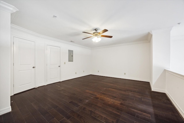 unfurnished room with dark hardwood / wood-style flooring, electric panel, ceiling fan, and ornamental molding