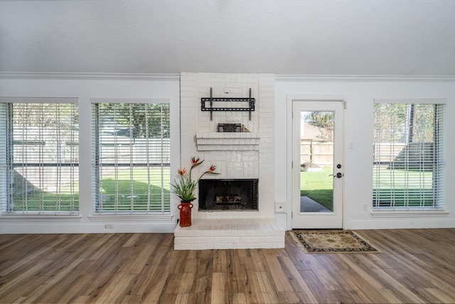 entryway featuring wood-type flooring, ornamental molding, a healthy amount of sunlight, and a fireplace