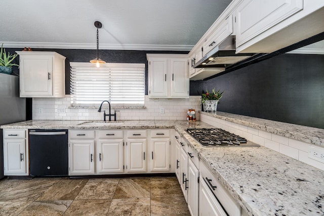 kitchen with sink, hanging light fixtures, ornamental molding, black dishwasher, and white cabinets