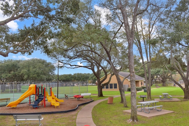 view of playground featuring a lawn