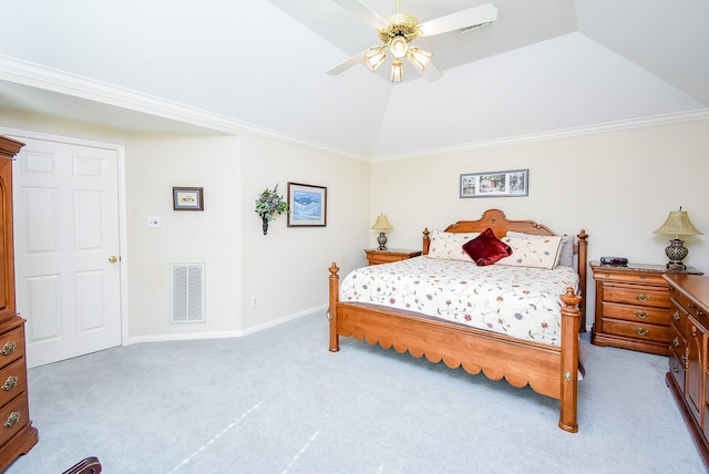 bedroom featuring ceiling fan, lofted ceiling, crown molding, and light carpet