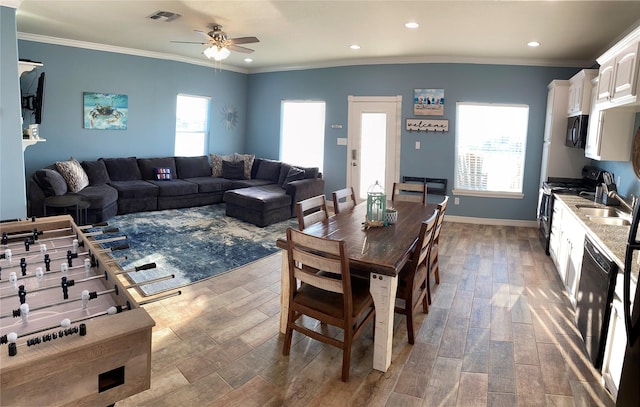 dining area featuring ceiling fan, ornamental molding, and sink