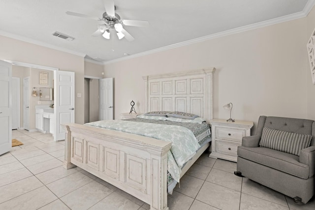 bedroom with light tile patterned floors, ceiling fan, and crown molding