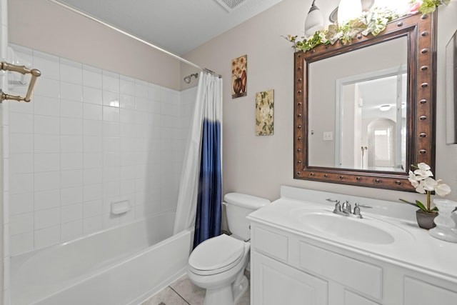 full bathroom with tile patterned flooring, vanity, shower / tub combo, and toilet