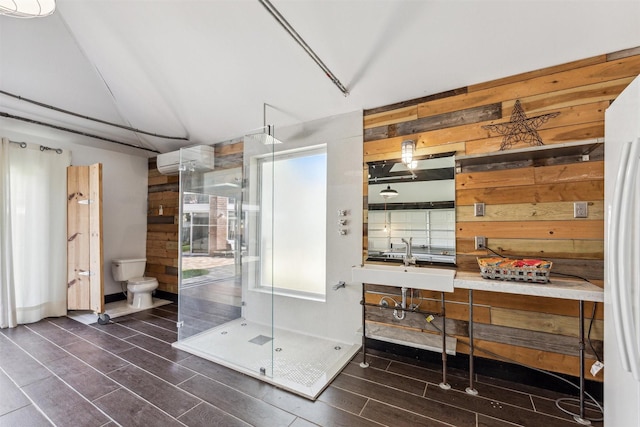 bathroom with wooden walls, plenty of natural light, sink, and walk in shower