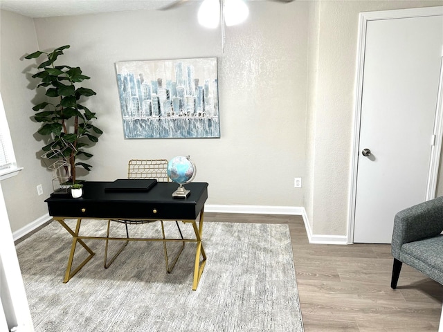 office with ceiling fan and light wood-type flooring