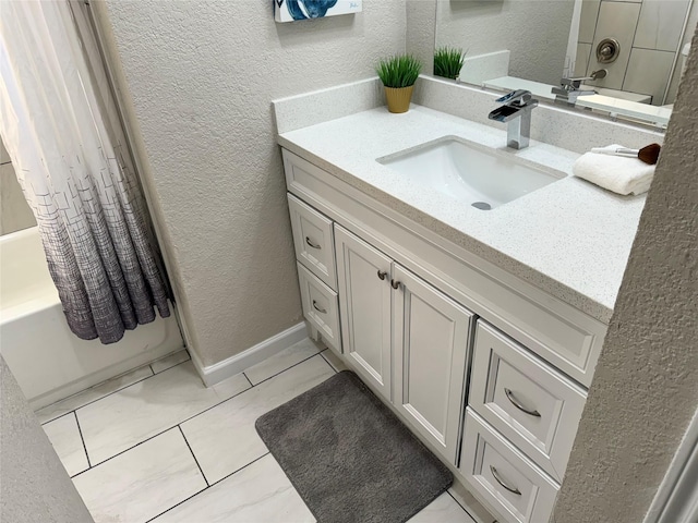 bathroom with tile patterned flooring, vanity, and shower / bathtub combination with curtain