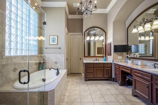 bathroom featuring crown molding, vanity, a notable chandelier, tile patterned floors, and shower with separate bathtub