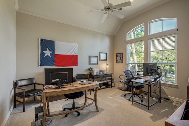 carpeted office space with crown molding, ceiling fan, and vaulted ceiling