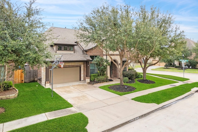 view of front of home with a garage and a front lawn