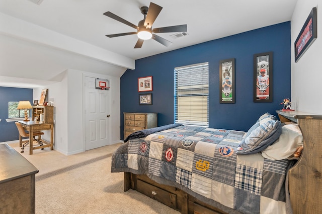 bedroom featuring carpet, ceiling fan, and lofted ceiling