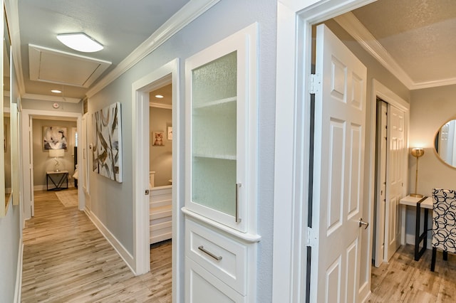 hallway with crown molding and light hardwood / wood-style floors