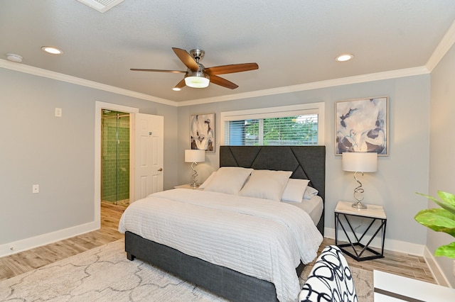 bedroom with ceiling fan, ornamental molding, and light wood-type flooring