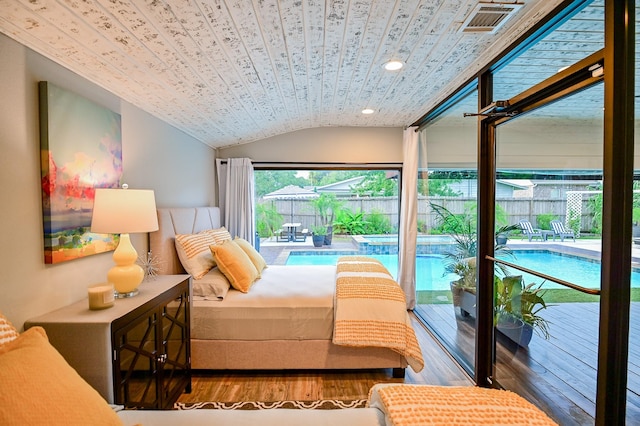 bedroom featuring wood-type flooring, access to outside, vaulted ceiling, and wooden ceiling