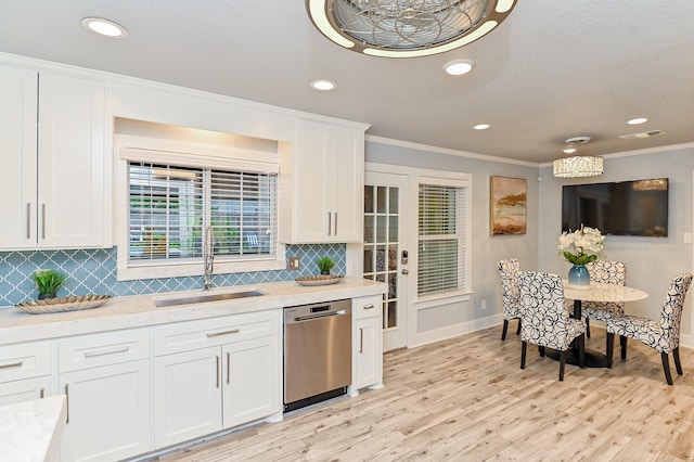 kitchen with white cabinets, dishwasher, backsplash, and sink