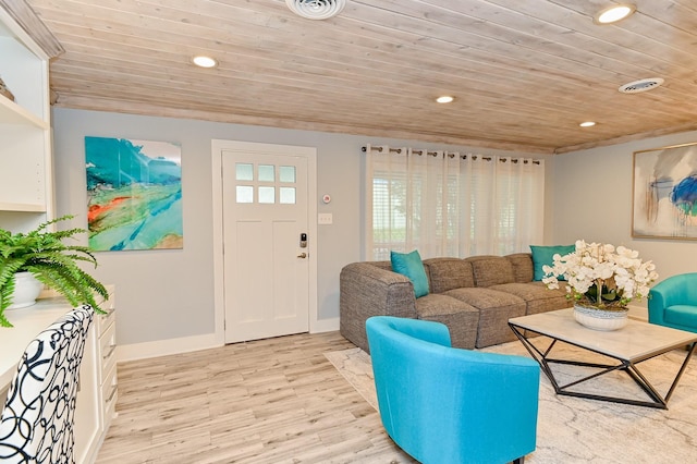 living room with wooden ceiling and light wood-type flooring