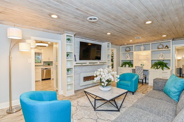 living room featuring light hardwood / wood-style floors, built in features, and wooden ceiling