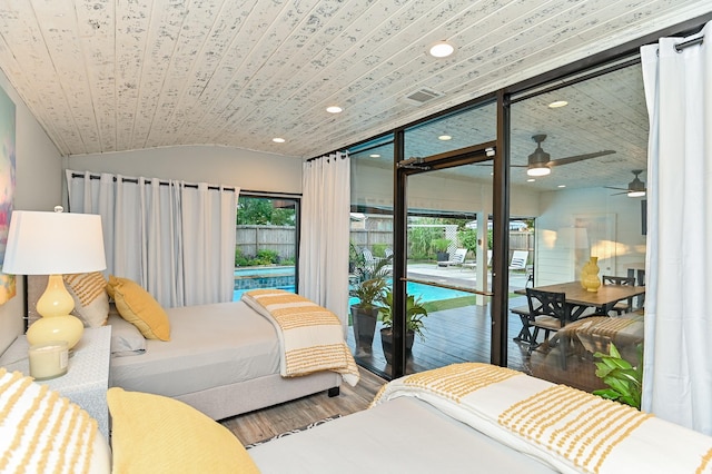 bedroom with lofted ceiling, access to exterior, wood-type flooring, and wooden ceiling