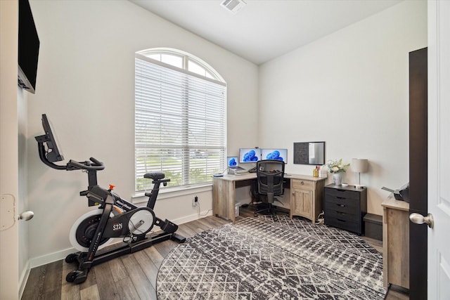 office area featuring dark wood-type flooring