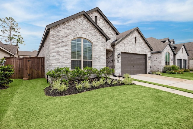 french country inspired facade with a garage and a front yard