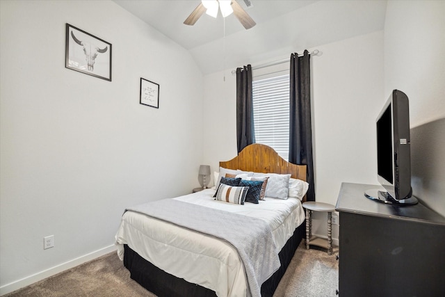 bedroom featuring carpet flooring, ceiling fan, and lofted ceiling