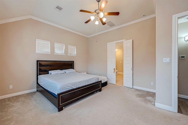 carpeted bedroom featuring ceiling fan and ornamental molding