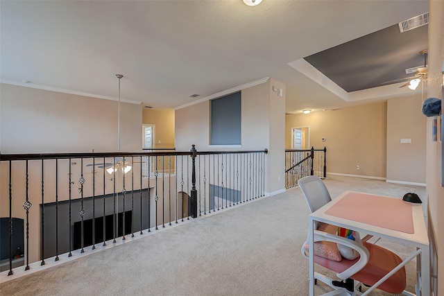 office with carpet floors, ceiling fan, and crown molding