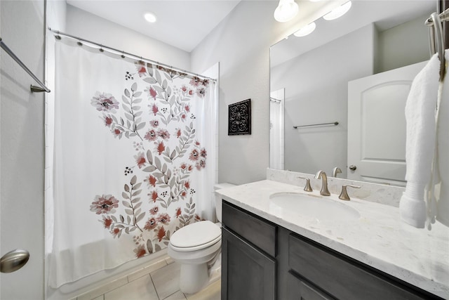 full bathroom featuring toilet, shower / bath combination with curtain, vanity, and tile patterned floors