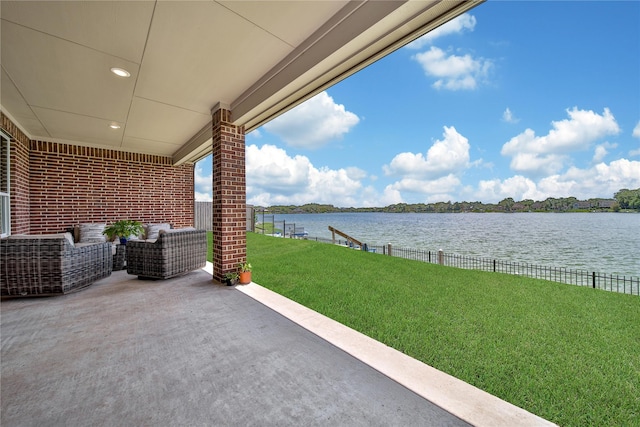 view of patio / terrace featuring a water view