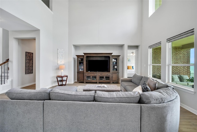 living room featuring a high ceiling and wood-type flooring