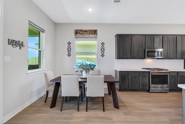 dining space with light hardwood / wood-style flooring and plenty of natural light