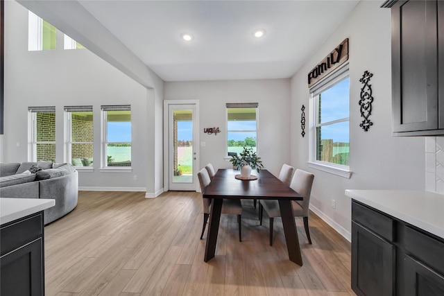 dining area featuring plenty of natural light and light hardwood / wood-style flooring