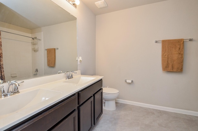 bathroom with tile patterned floors, vanity, a shower with shower curtain, and toilet