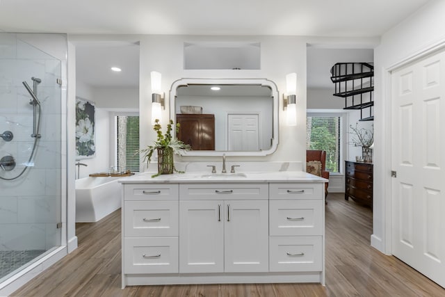 bathroom featuring a healthy amount of sunlight, walk in shower, wood-type flooring, and vanity